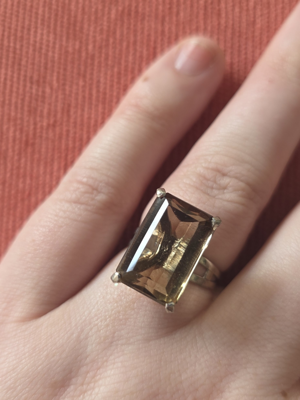 Large Smoky Quartz Emerald Cut 925 Sterling Ring- Size 7 Approx